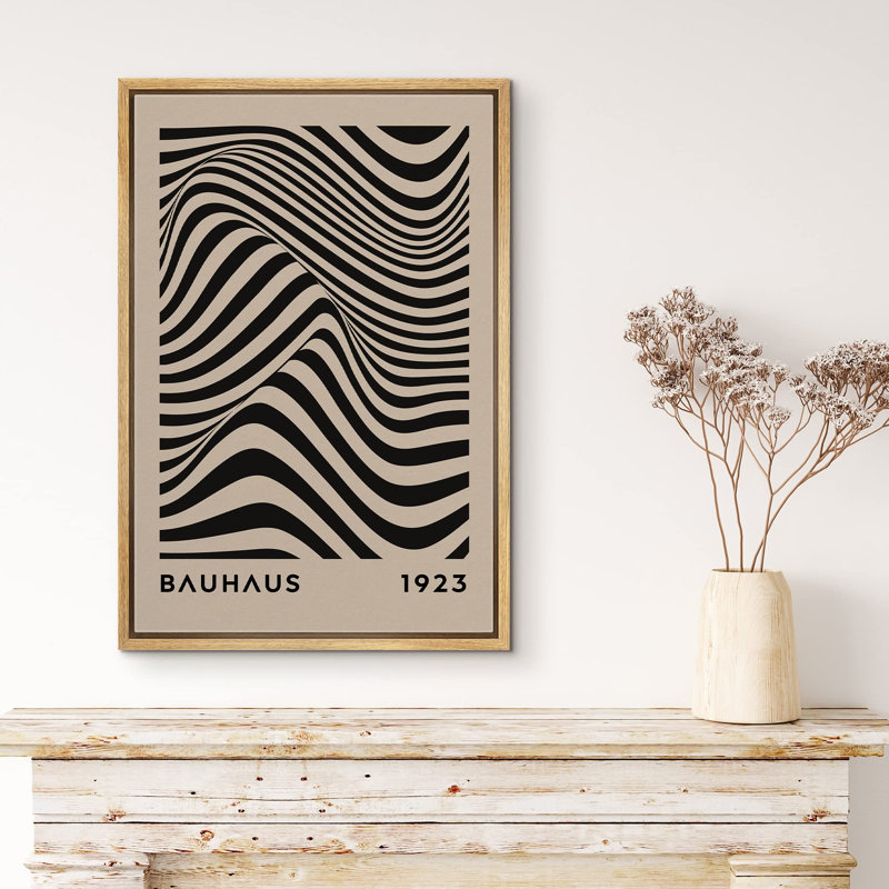Classical Artwork " Mid-Century Bauhaus Black Stripe Illusion Shapes ", H 24 po x l 16 po, Naturel