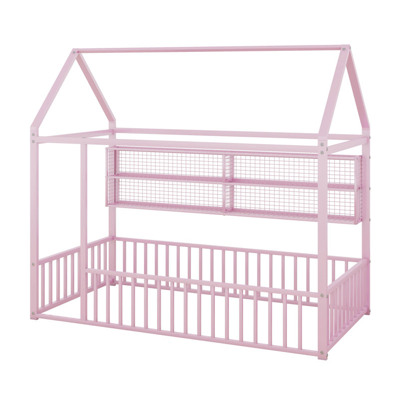 Structure de lit en métal avec clôture et tablettes, Lit simple, Rose
