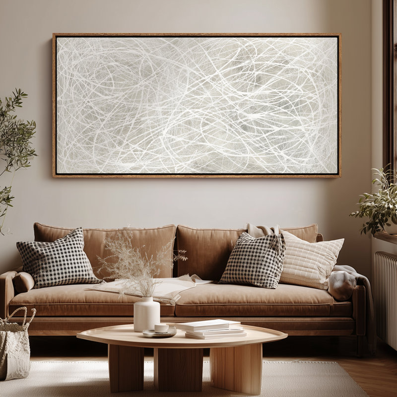 Motif de tissage abstrait linéaire blanc pour art mural de salon ou de bureau moderne, H 30 po x l 60 po, Naturel