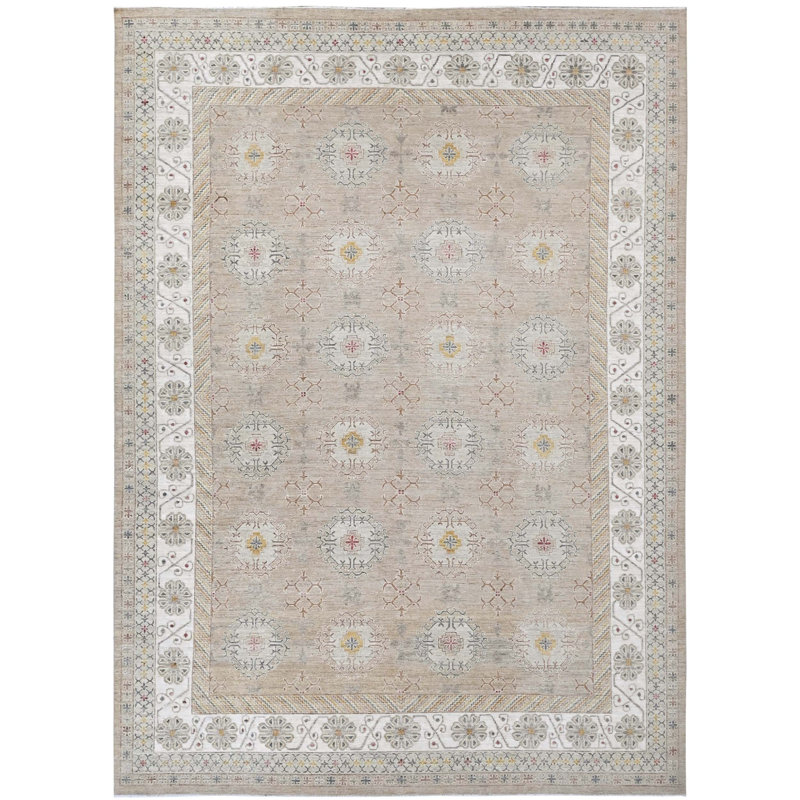 One-of-a-Kind Oriental Hand-Knotted Rectangle 10' x 13'10" Wool/Viscose Area Rug in Ivory/Brown/Olive