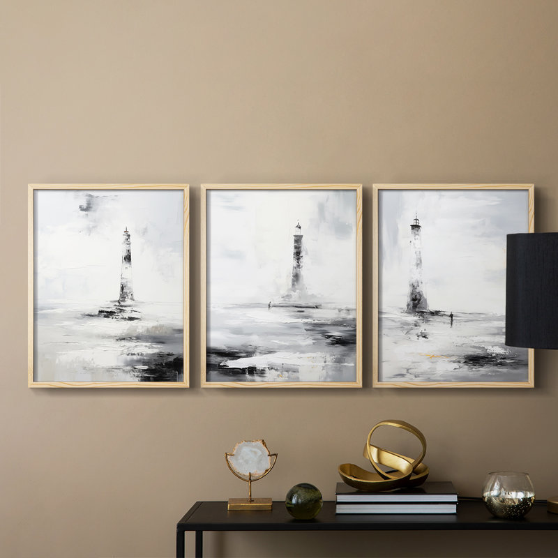 Série Sea and Shore Cxxxxi - Ensemble de 3 estampes numériques encadrées - Prêt à être accroché, Naturel, H 10 po x l 8 po