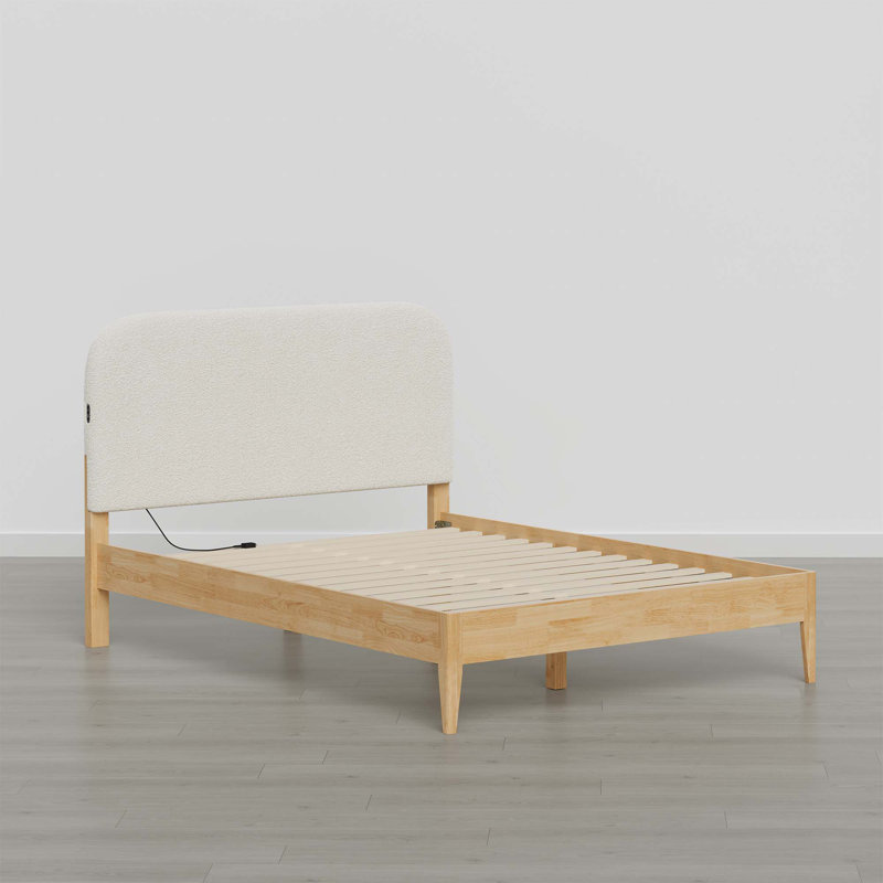 Mid-Century Modern Solid Wood Boucle Upholstered Headboard Bed Frame With USB & Type-C Port, Cream, Queen