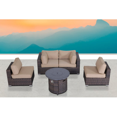 Ensemble de conversation modulaire en rotin 5 pièces avec coussins Alieyah
