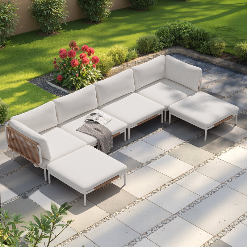 Metal Outdoor Patio Sectional With Cushions, Beige Cushion/White Frame