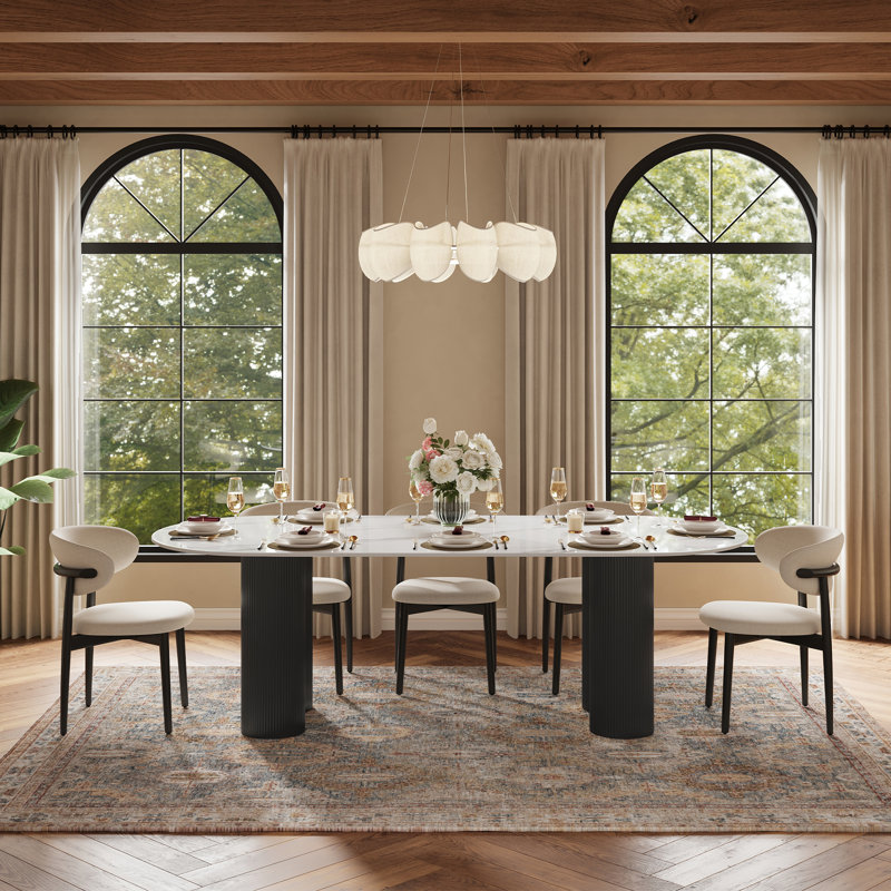 Table de salle à manger ovale moderne 71 "pour 6 personnes Jamani, plateau en pierre frittée blanc brillant, pieds en bois massif