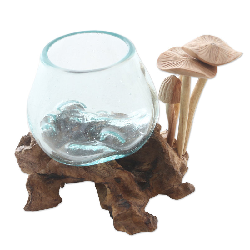 Sculpture printemps champignon en bois et verre