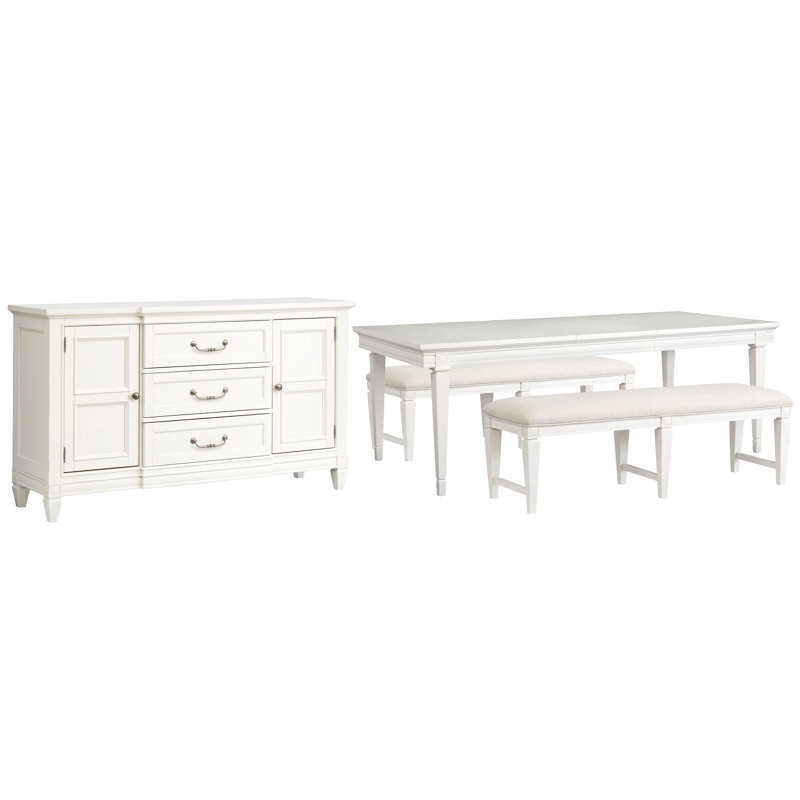 Table de salle à manger extensible Gilvira, 4 pièces: table, buffet, 2 bancs