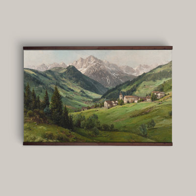 Très grande tapisserie murale sur toile Mountain Village avec cintre en bois