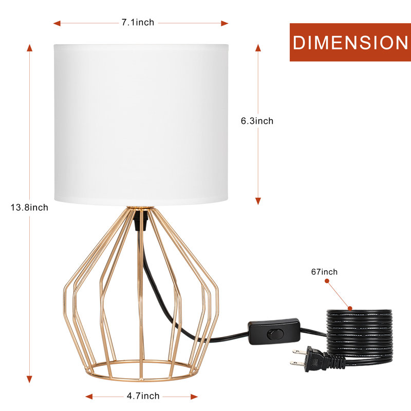 Table Desk Lamp with fabric lamp shade & Wire Geometric Base, Golden, White