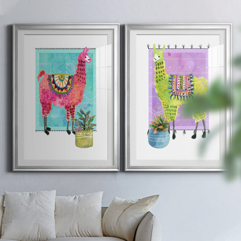 «Lovely Llama III», ensemble de 2 reproductions d'art, H 26,5 po x l 73 po x P 1,5 po, Papier avec cadre argenté, Blanc