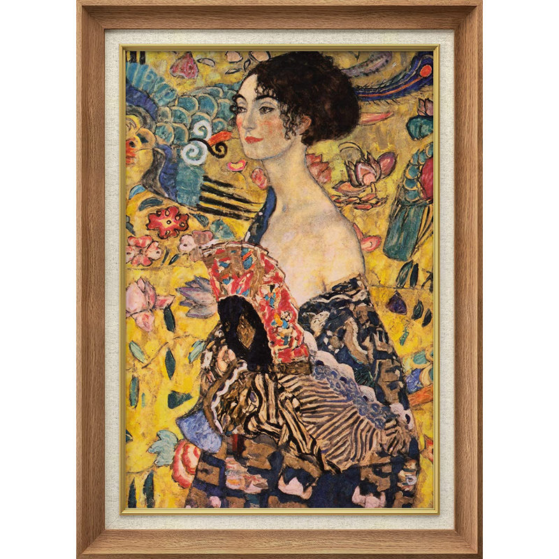 «Lady with fan» par Gustav Klimt - Peinture sur toile à cadre unique, Naturel