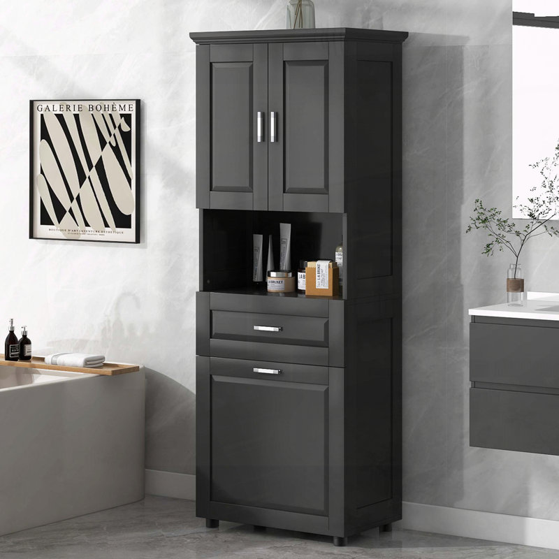 Tall Bathroom Cabinet with Tilt-Out Laundry Basket, Black
