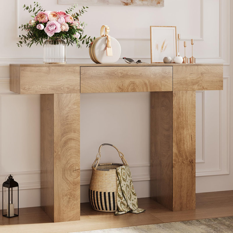 47-Inch Long Console Table with Drawer, Wooden Rectangular Sofa Table Behind The Couch, Industrial Farmhouse Entryway Foyer Hallway Tables