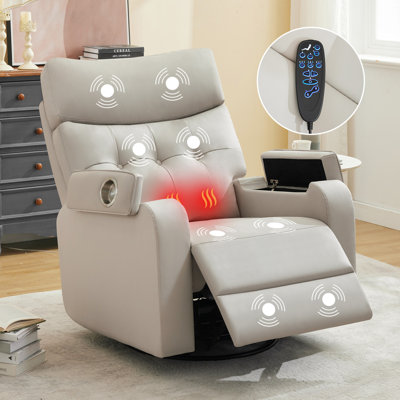 Oversized Modern Faux Leather Power Recliner with Swivel and Rocker, Massage and Heat, Double Storage Arm, Cup Holder,Timing and Type-C Port