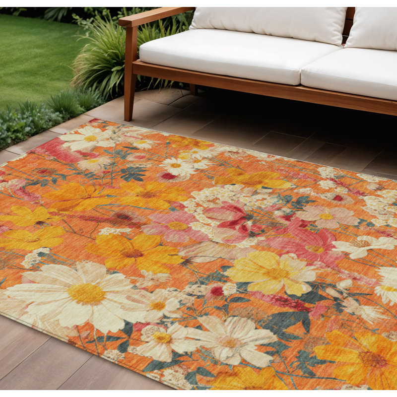 Tapis extérieur lavable floral orange 10 pi x 14 pi pêche et saumon
