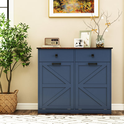 Armoire poubelle bleue d'une capacité de 20 gallons, cachée et anti-odeurs, dans une armoire de style grange avec charnières lisses, poignées en métal, appartement compact, 2 tiroirs de rangement