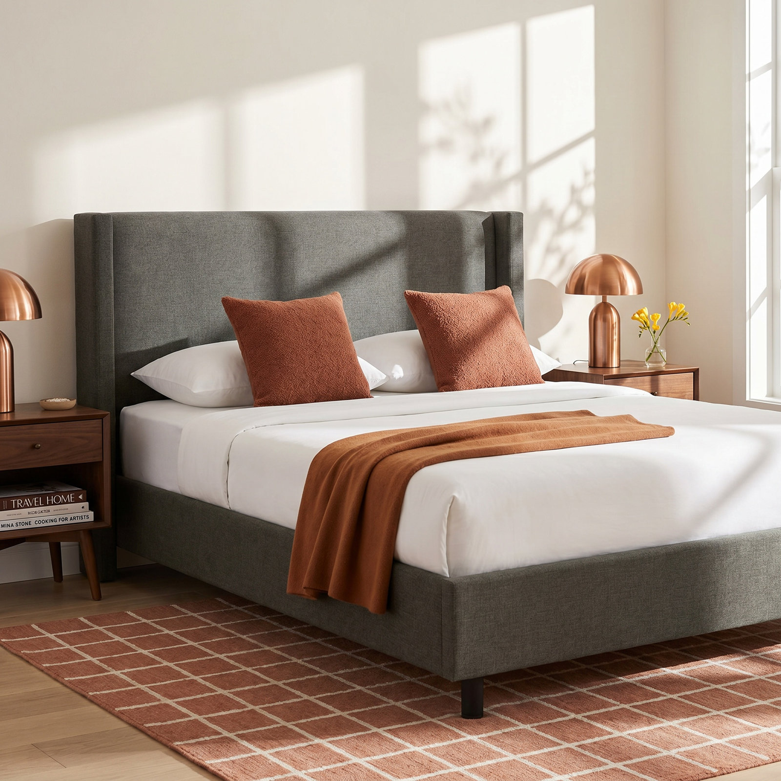 Hanson Upholstered Wingback Platform Bed, Queen, Zuma Charcoal Textured Linen
