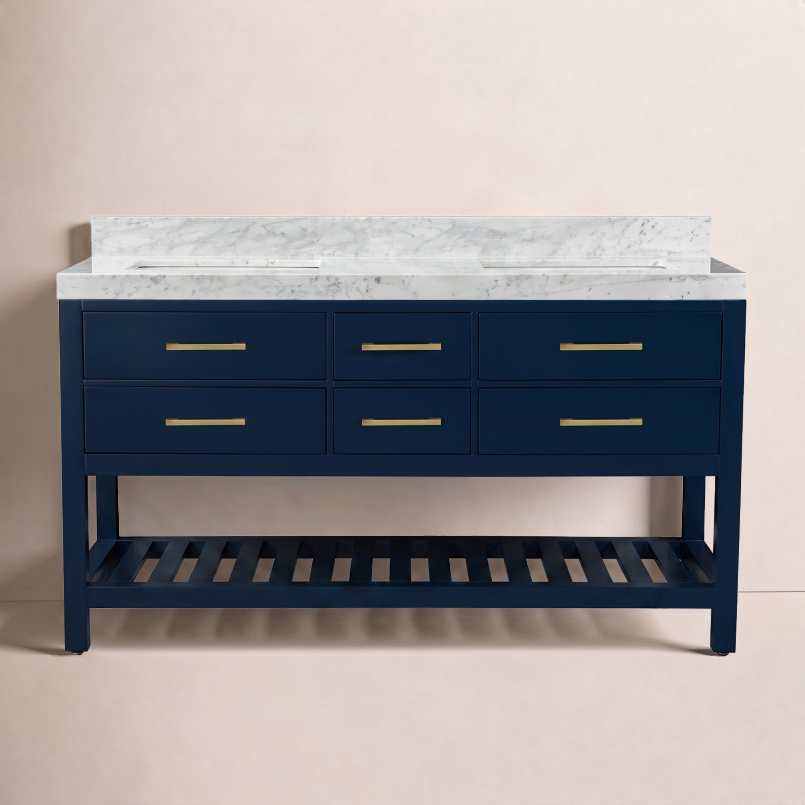 Carrie 60'' Double Bathroom Vanity, Heritage Blue/Brushed Gold, Carrara White Marble