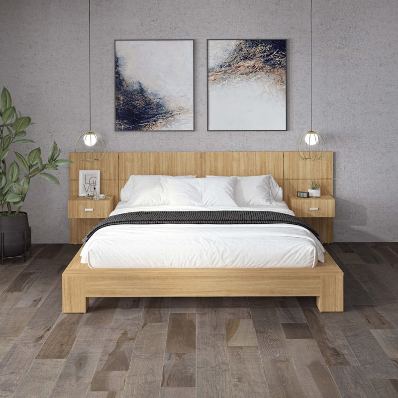 Zen Collection Bedroom - Platform Bed with Headboard and Nightstands (2) – Easy Assembly, No Box Spring Required, Beige