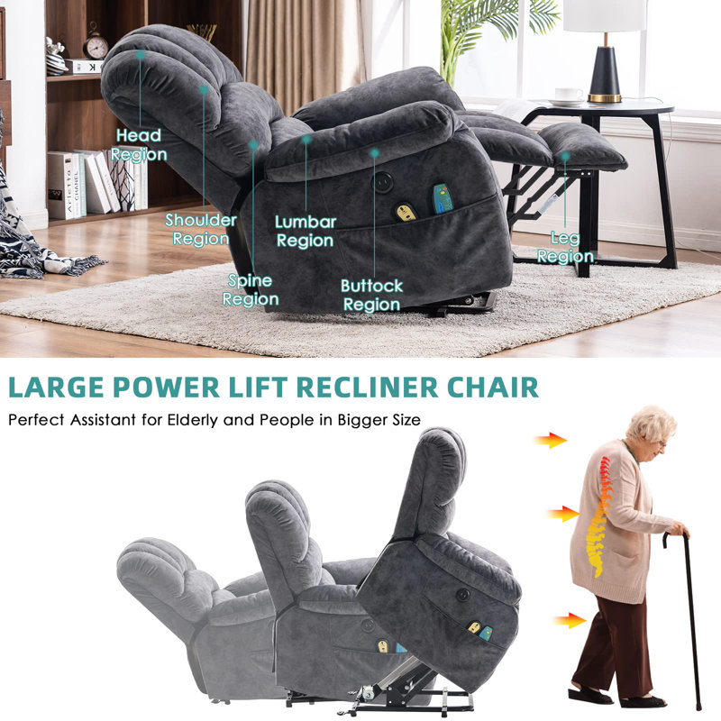 Fauteuil de massage inclinable électrique chauffant, Velours gris
