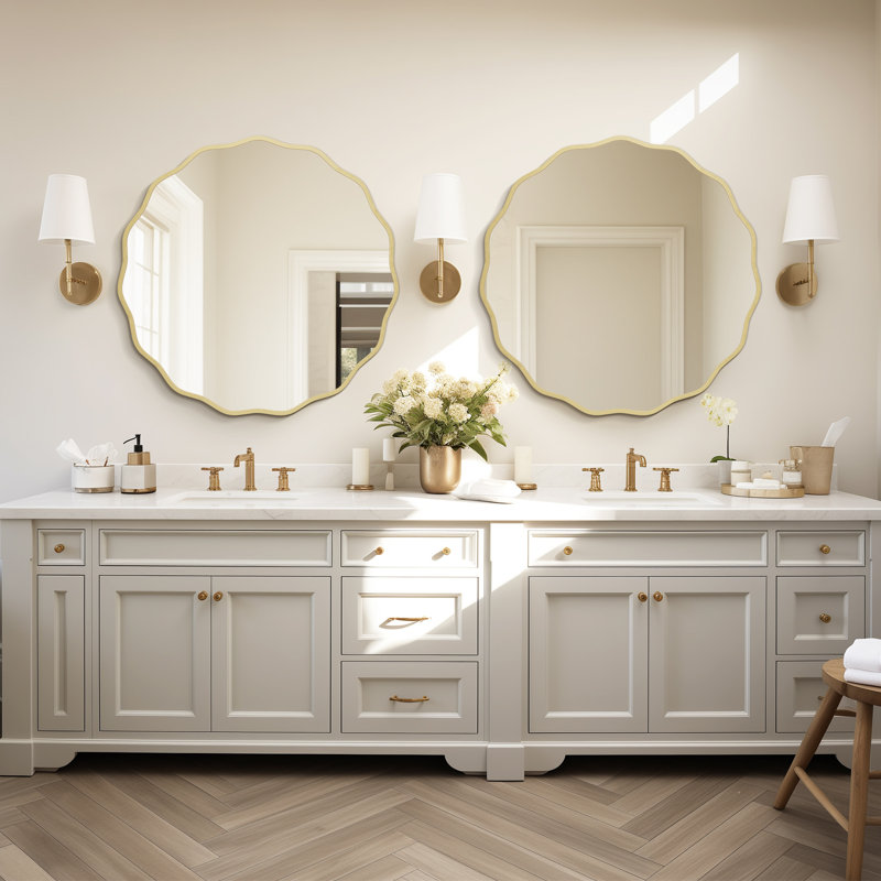 Elegant Aluminum Round Wave Mirror For Bathroom,Bedroom, Gold, 32'' x 32'''