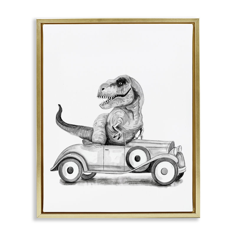 Dinosaure dans un cadre flottant de véhicule rétro, design par Rachel Nieman, H 21 po x l 17 po