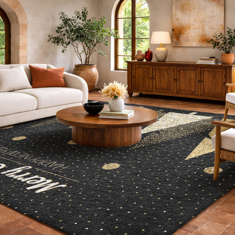Premium Machine Washable Dream Shag ADS222 Gold Christmas Trees Rug, 9' x 12'