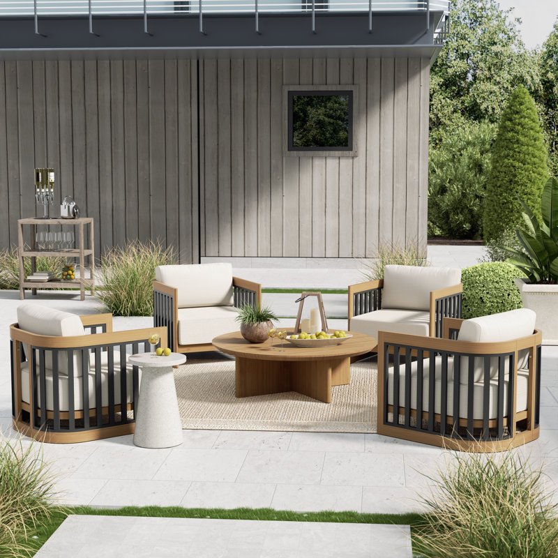 Sereno Patio 4 Person Aluminum Conversation Set With Round Coffee Table And Club Chairs And Cushions, Matted Teak