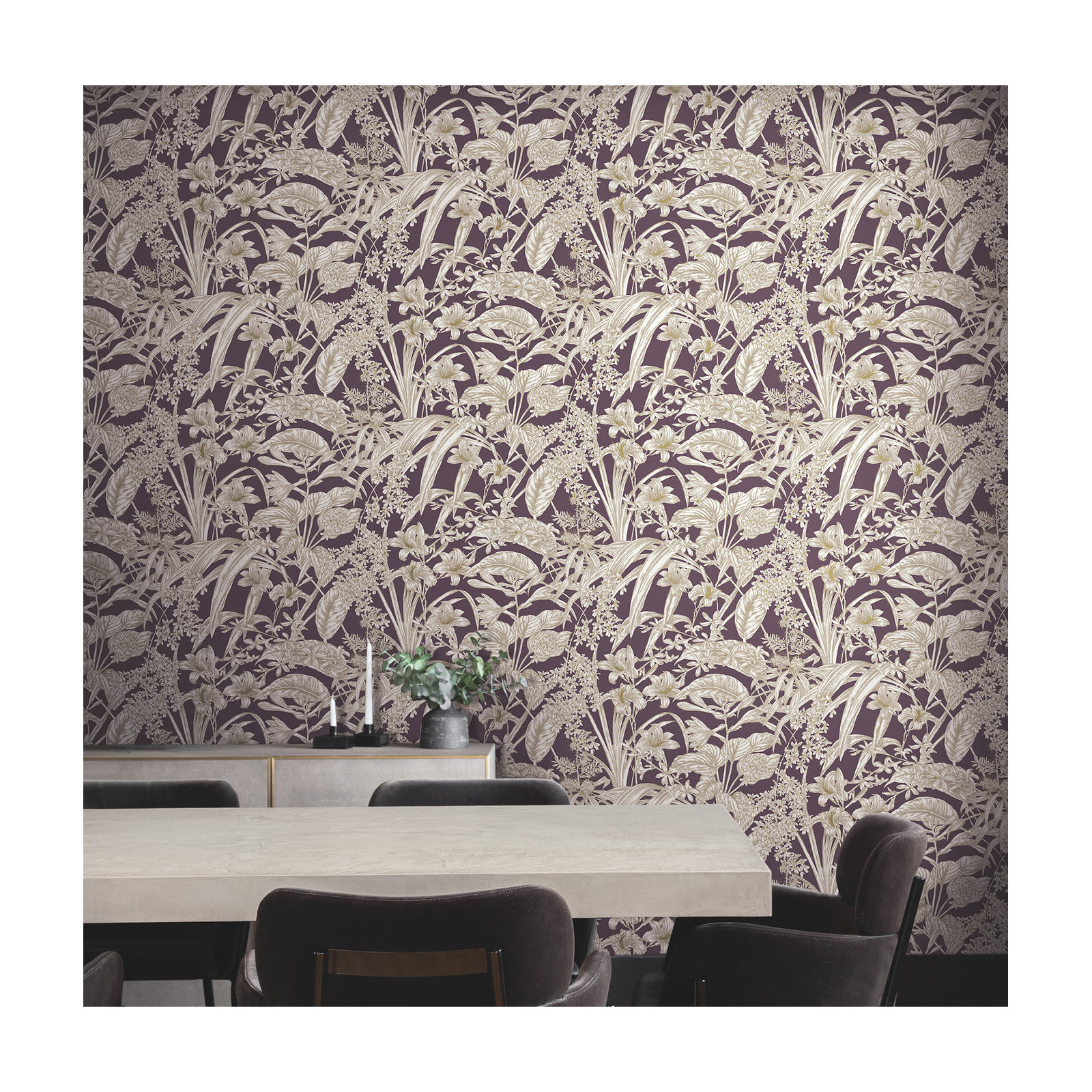 Conservatory Toile Floral,Solids Wallpaper, Mulberry