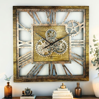 Wall Clock 24" Square Oversized for Living Room decor with Real Moving Gears America Collection