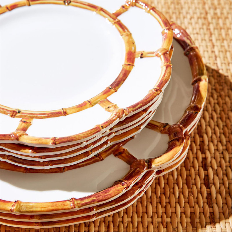 Ensemble de 4 assiettes plates en bambou, Brun / blanc
