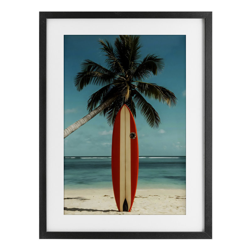 Single Palm Tree & Surfboard Framed Print Under Glass, design by LSR Design Studio, 20" H x 14" W, Midnight Black Frame