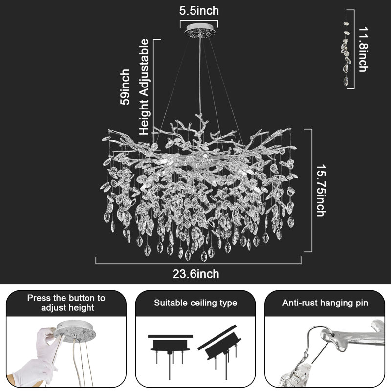 Tree Branch Crystal Chandelier Lighting, 8, Silver/White, 15.7" H x 23.6" W x 23.6" D