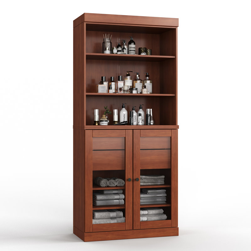 Armoire de salle de bain autoportante 100% bois massif 32 po avec portes en verre transparent, 2 tiroirs et tablettes réglables - Rangement de salle de bain moderne