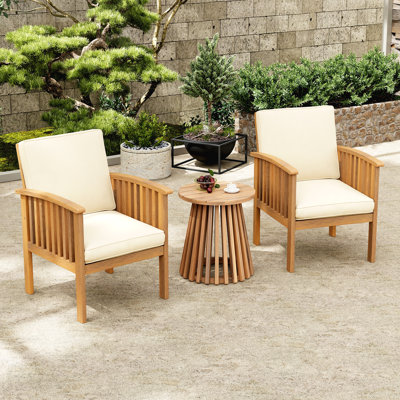 Ensemble de patio d'extérieur 3 pièces en bois d'acacia avec coussins et table d'appoint