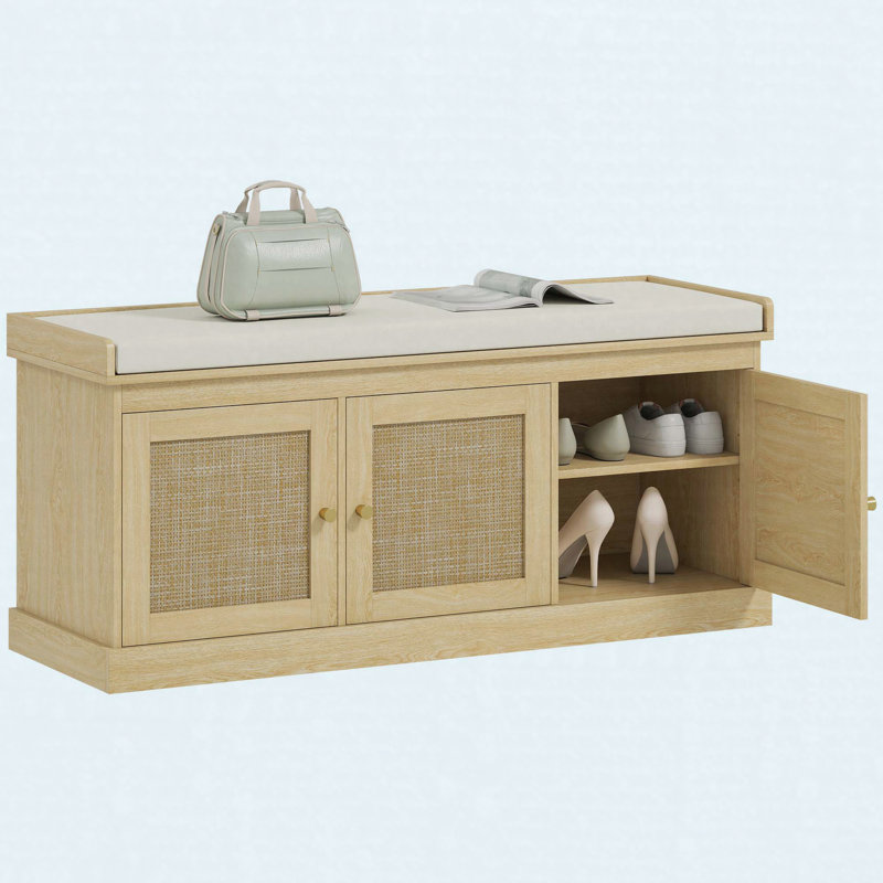 Banc de rangement pour chaussures en rotin avec coussin et tablettes réglables, ton chêne