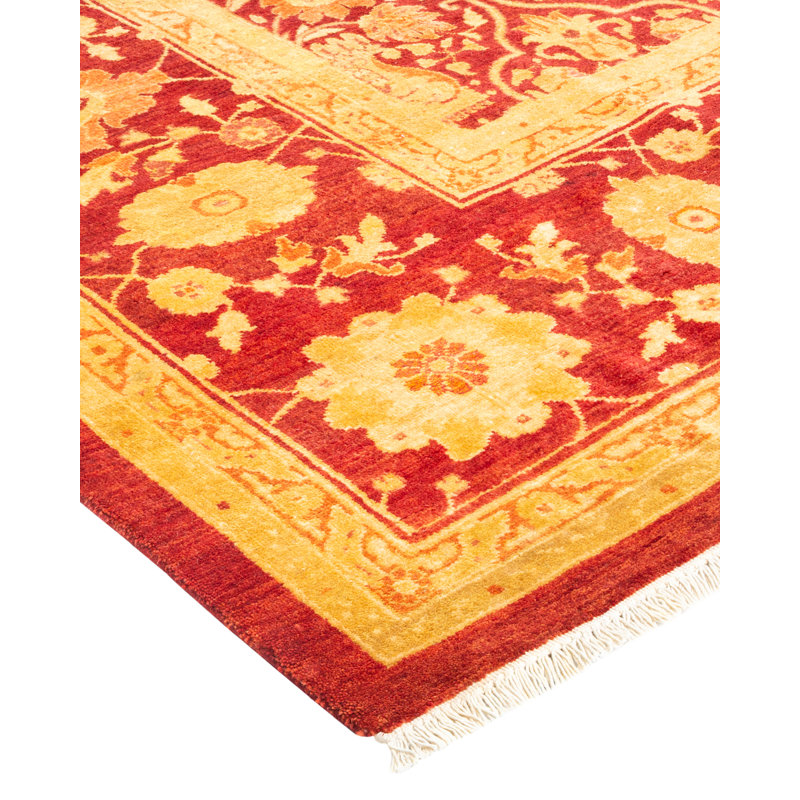 Tapis unique noué à la main à motif éclectique Shealee - rouge, 8 pi 2 po x 15 pi 7 po