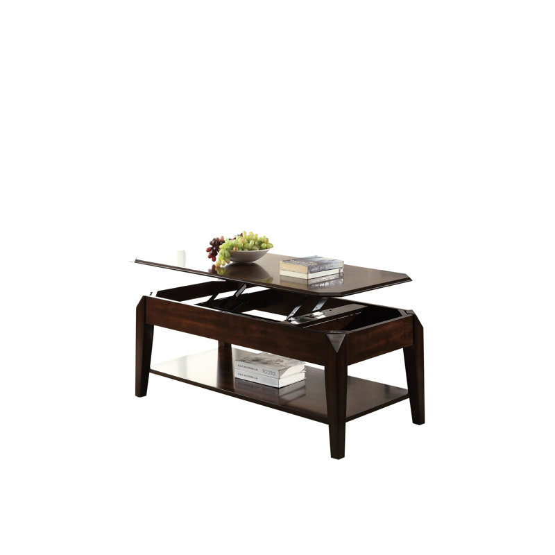 Table basse moderne en noyer avec plateau relevable, compartiments de rangement et tablette