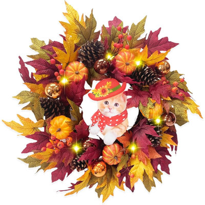 Couronne de citrouille illuminée pour porte d'entrée avec feuilles d'érable, feuillage d'automne et décoration de chat amovible, couronne de récolte de l'Action de grâce pour la décoration intérieure et extérieure saisonnière