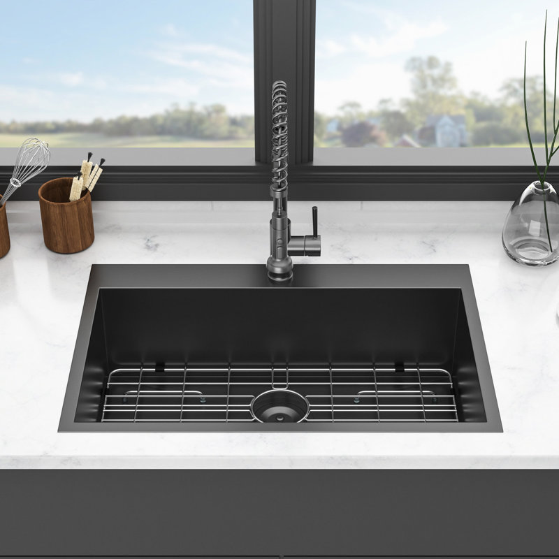 Gunmetal Black Kitchen Sink - 30"X22"X9". 18 Gauge Stainless Steel. Heat , Easy Maintenance. 3.5" Drain Opening. Includes Assembly And Bottom Rinse Grid. Noise Reduction Steel Drop In Strong & . Nano