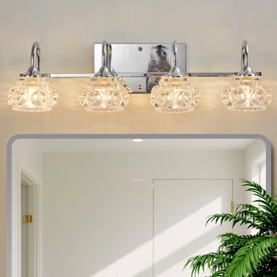 Éclairage de salle de bain 4 lumières à intensité variable chromé avec abat-jour en cristal pour salle de bain, salle d'eau et miroir de meuble-lavabo