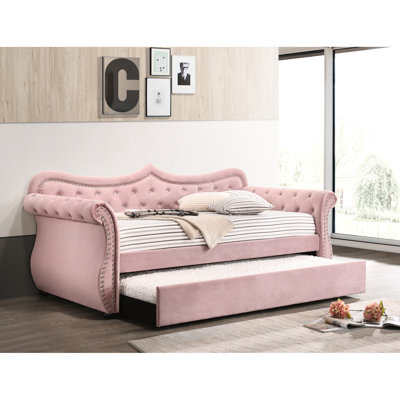 Lit de jour en velours rose avec lit gigogne simple - rembourré, pieds en bois, décor à boutons et garniture, poids limité à 330 lb, structure à pieds simples sans matelas, garniture cloutée, matelas, capacité
