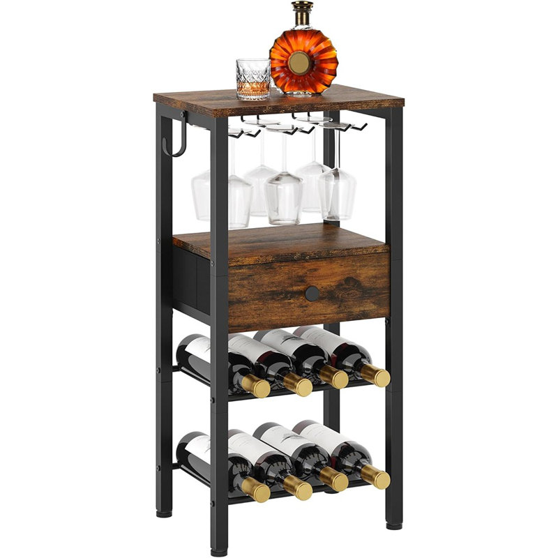 Plancher autoportant pour porte-bouteilles de vin, table porte-bouteilles à 2 niveaux avec tiroir et crochet, table de rangement pour 8 bouteilles avec plateau de table, porte-bouteilles avec porte-verres, pour salle à manger, salon