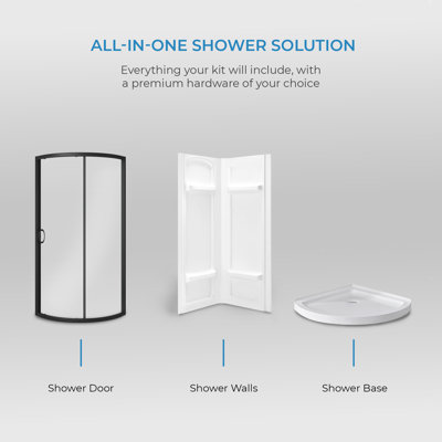 Breeze 33 in. L x 33 in. W x 77 in. H Round Corner Shower Kit in Matte Black, Clear Sliding Door, Walls, and Pan