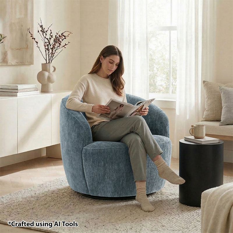28.5" Wide Modern Chenille Swivel Barrel Accent Chair, Blue