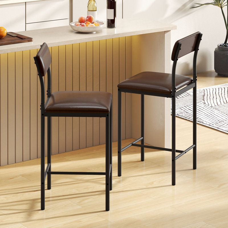 Set of 2 Industrial Bar Stools with Padded Seat and Back, Brown