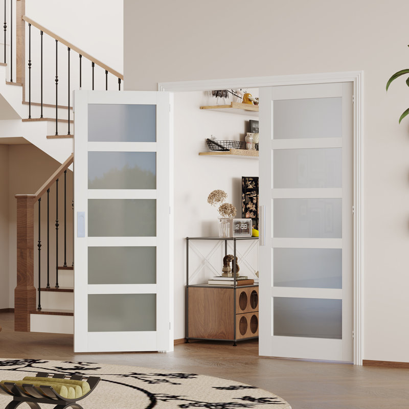 Portes doubles en dalle - verre givré 5 Lite avec finition blanche, porte de garde-manger intérieure (poignée, loquet et goupille inclus, à peindre)