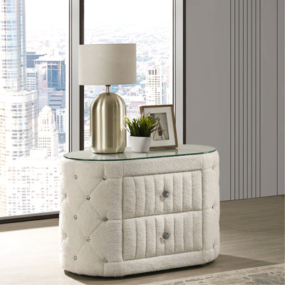 Table de chevet ovale avec 2 tiroirs spacieux, recouverte de tissu Boucl doux, capitonnage à boutons en acrylique et plateau en verre trempé pour le tissu de la chambre à coucher