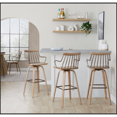 Tabouret de bar à hauteur fixe avec pivot en bois blanchi et métal cuivre antique avec repose-pieds carré en métal cuivre antique