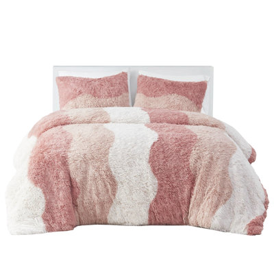 King/ King 3 Pcs Blush Multi Ombre Shaggy Faux Fur Duvet Cover , Soft Cozy, Machine Washable With Inner Ties,